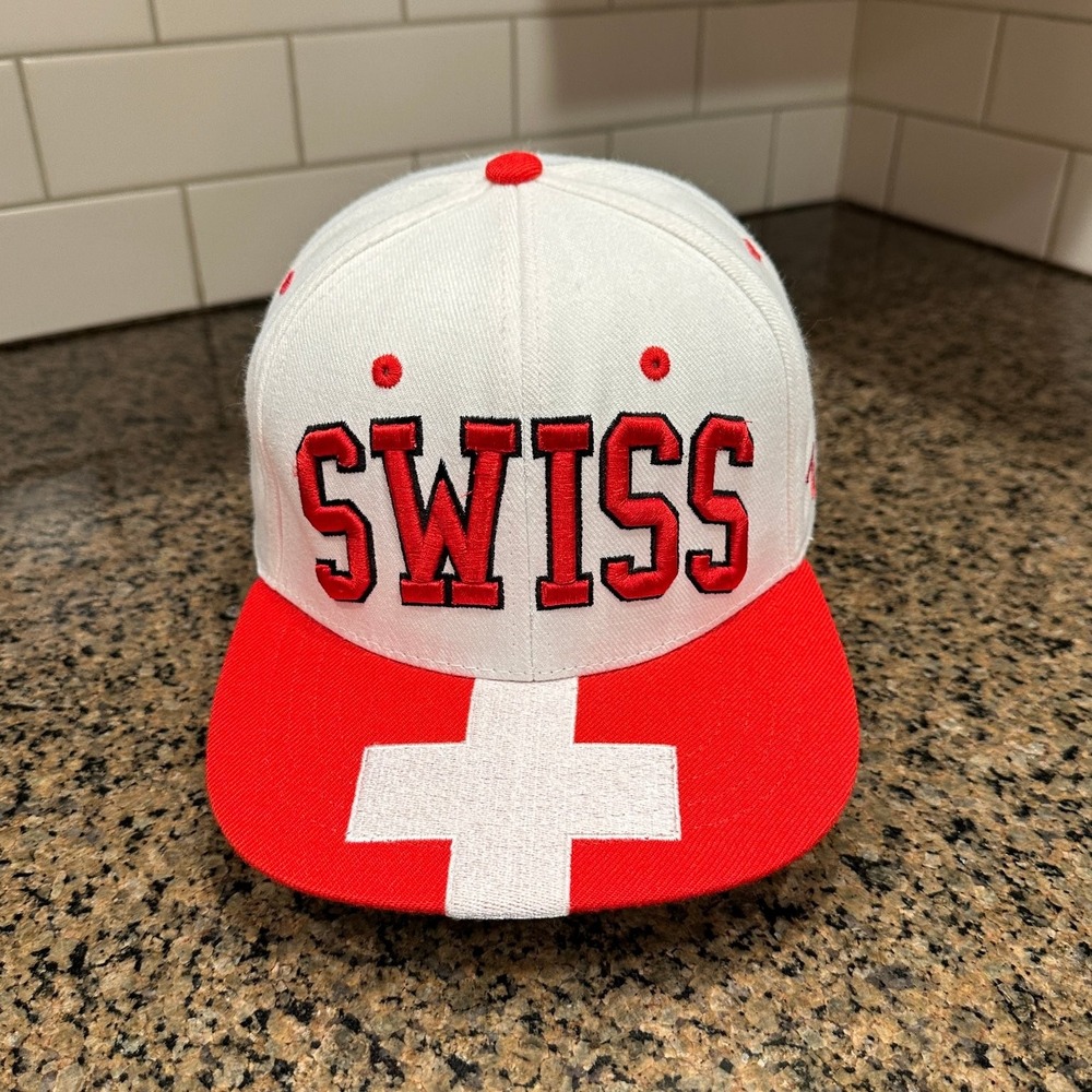 Zephyr Swiss Flag Snapback Hat Adjustable White Red Cap New